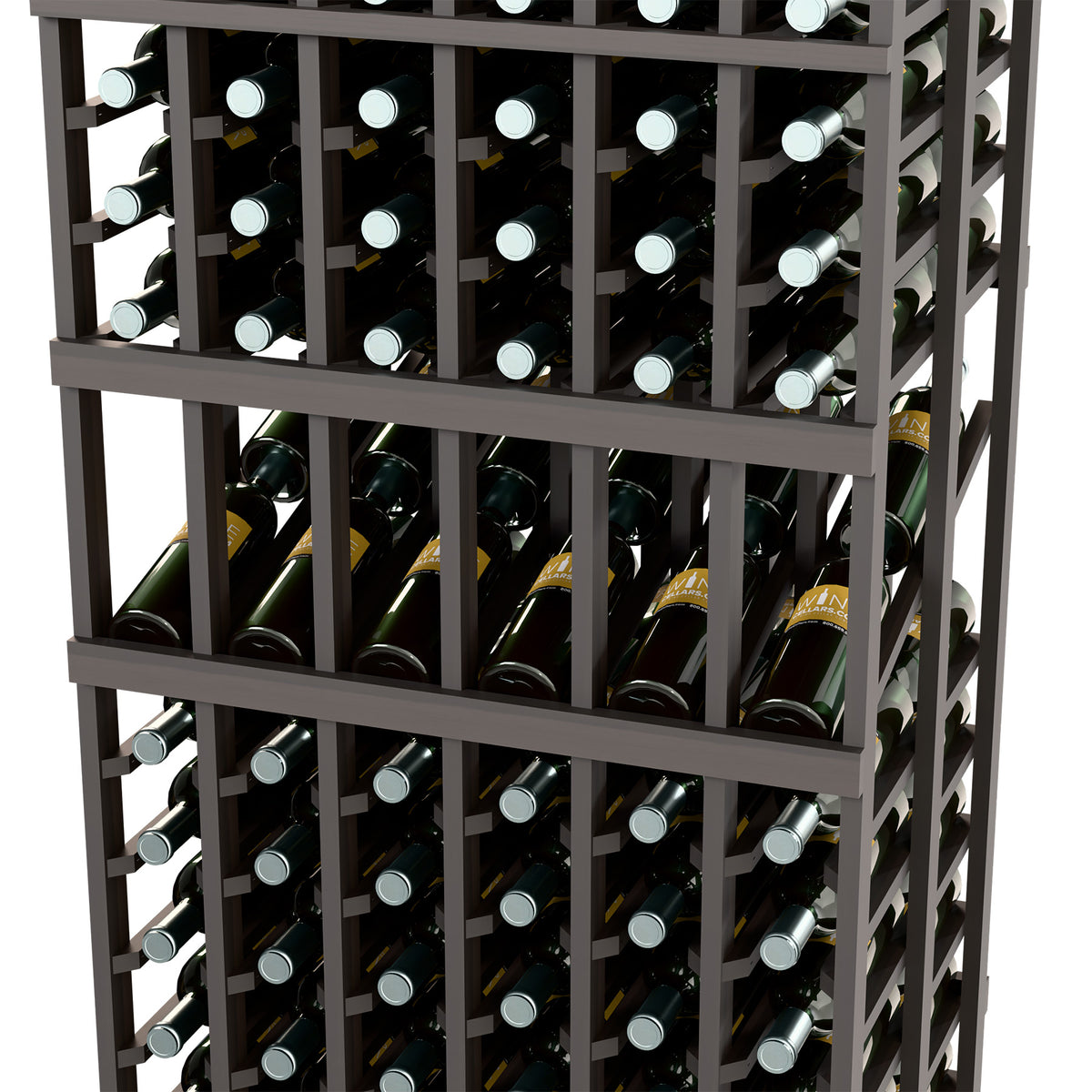 6-column wine display rack close-up with bottle cubbies and horizontal supports, dark frame