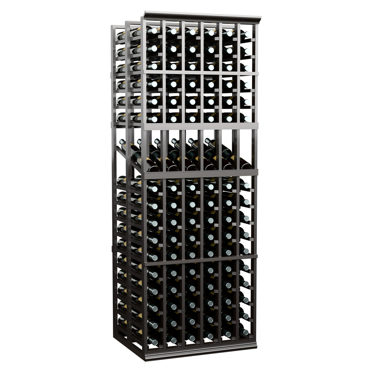 6-column wine display rack with open grid and bottle holders, dark wood frame