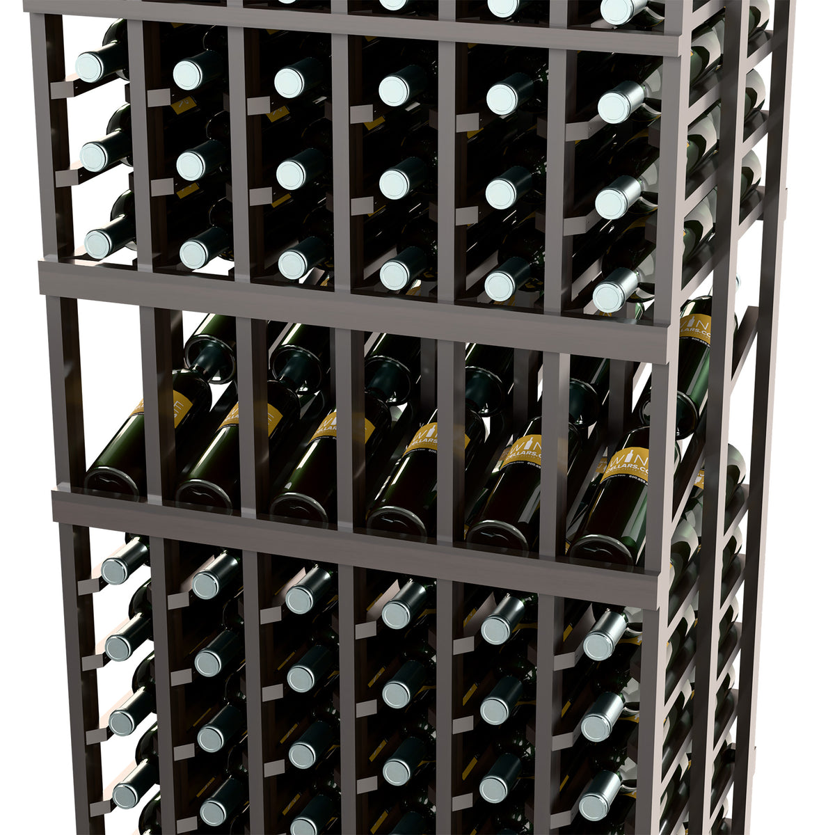 6-column wine display rack close-up showing bottle cubbies and bottle neck holders, dark frame