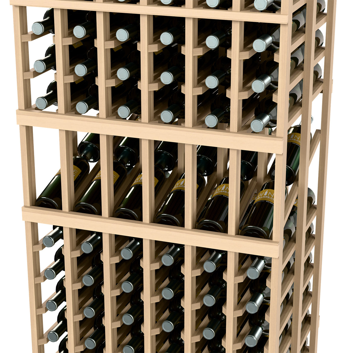 Wine display rack close-up, light wood grid holding wine bottles with labels facing out
