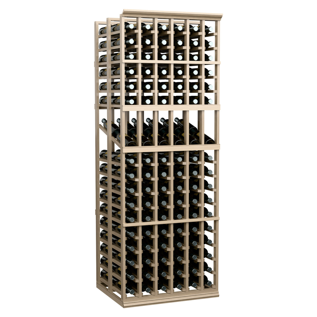 Front view of 6 column double deep wine rack, light wood frame with bottle rows