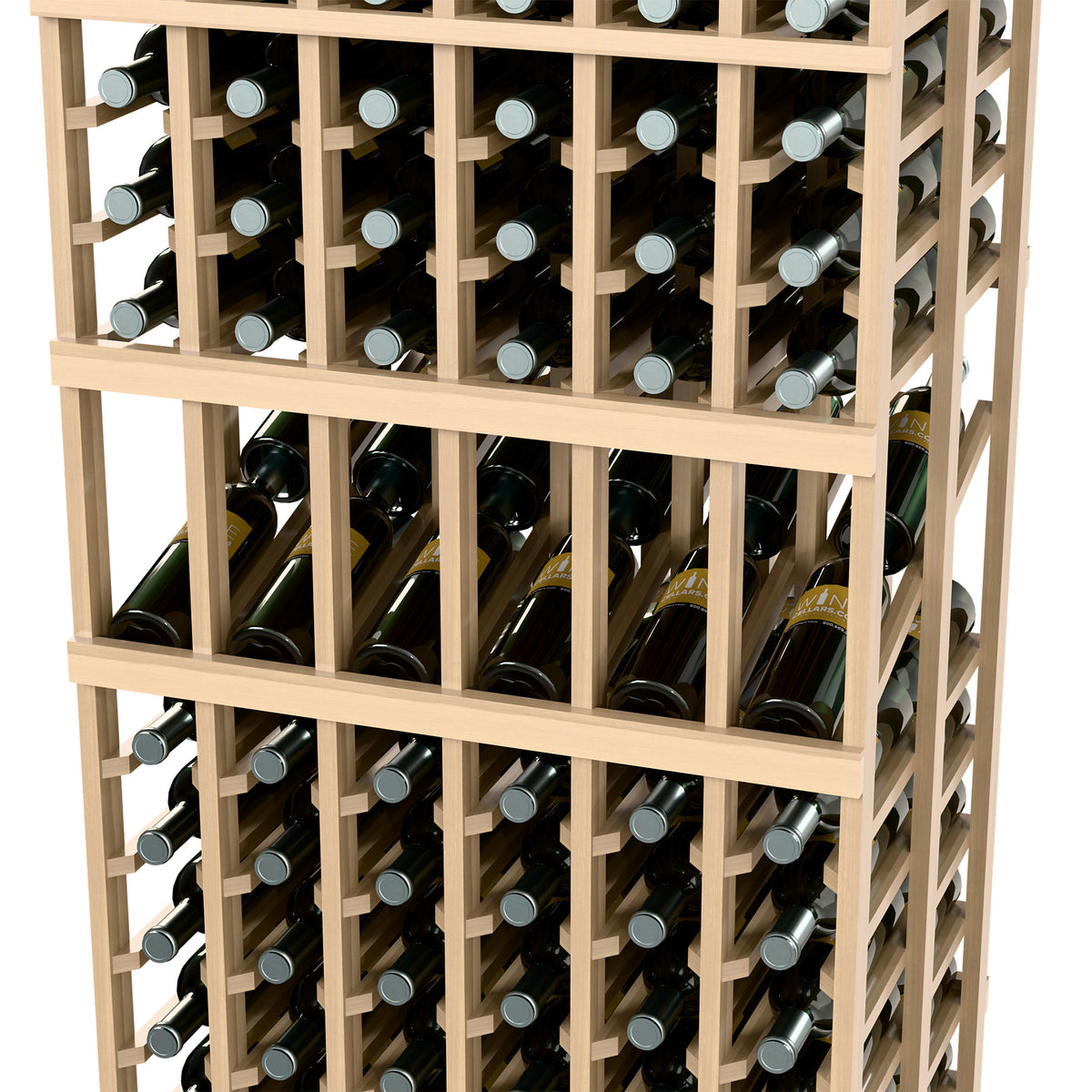 Wine display rack close-up, light wood grid with front-facing wine bottles