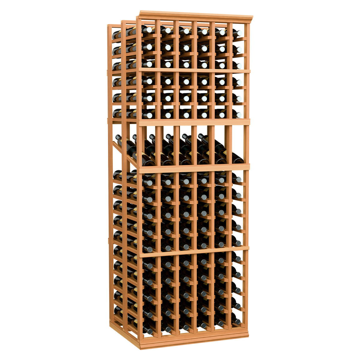 6 column double deep wine display rack, warm wood frame with rows of wine bottles