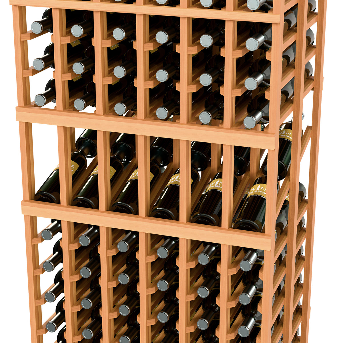 Wine display rack close-up, warm wood grid holding wine bottles with labels facing out