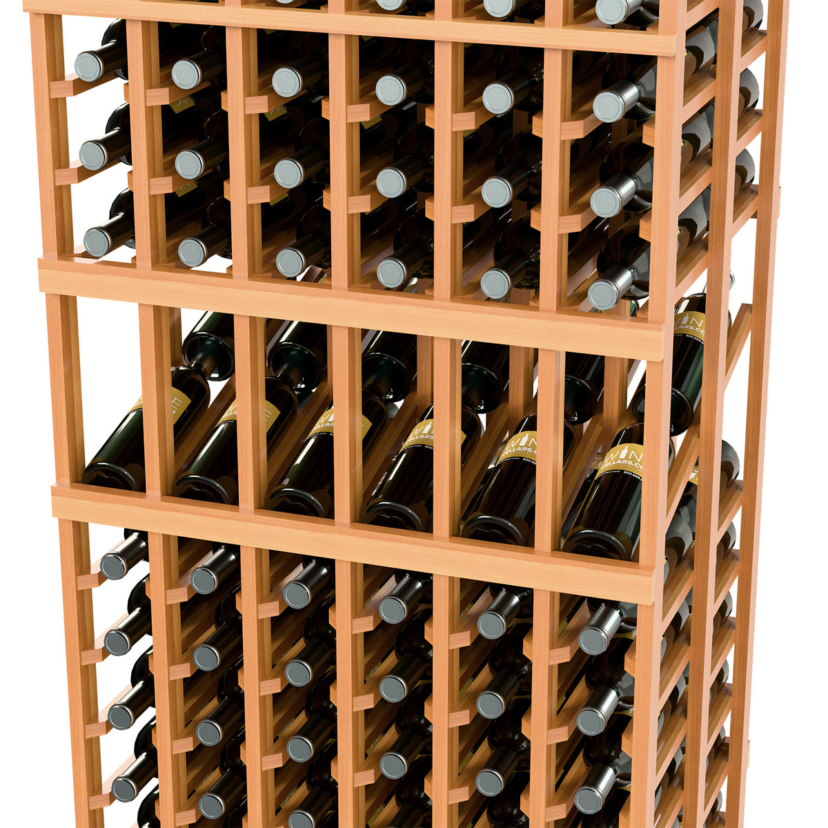 Wine display rack close-up, warm wood grid with front-facing wine bottles