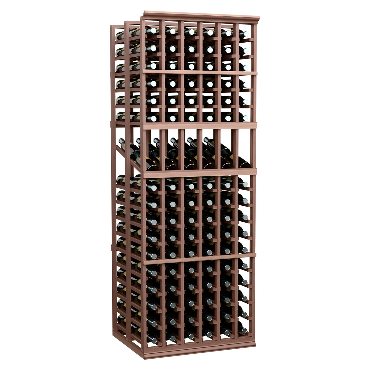 6 column double deep wine display rack, dark wood frame with rows of wine bottles
