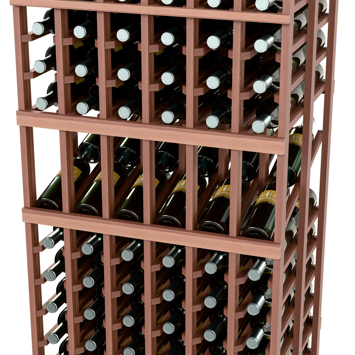 Wine display rack close-up, dark wood grid holding wine bottles with labels facing out