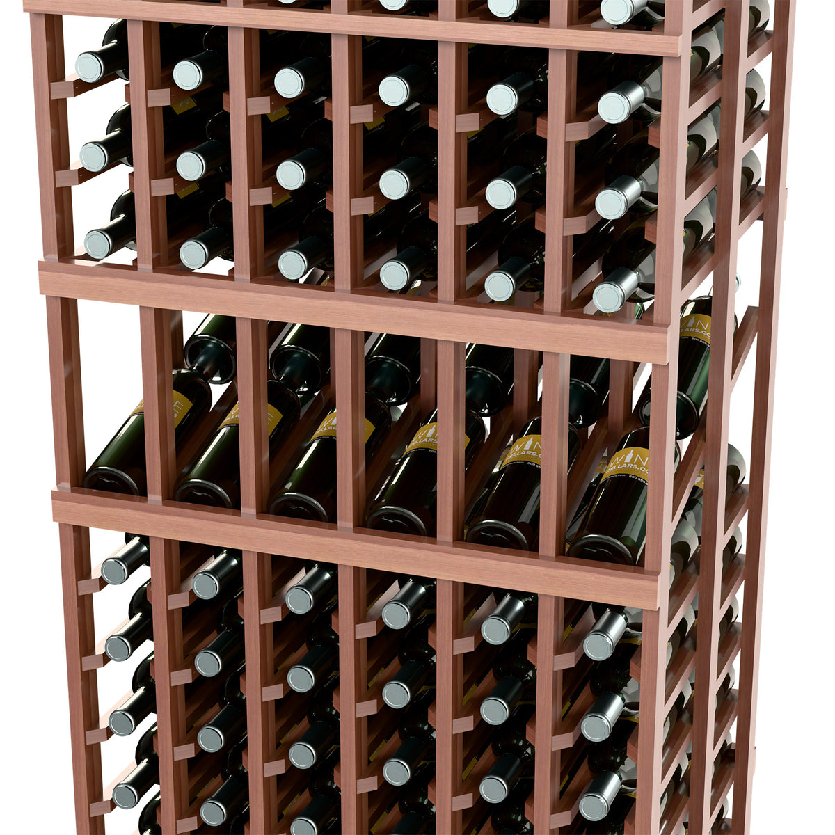 Wood wine rack close-up showing bottle necks in front grid rows