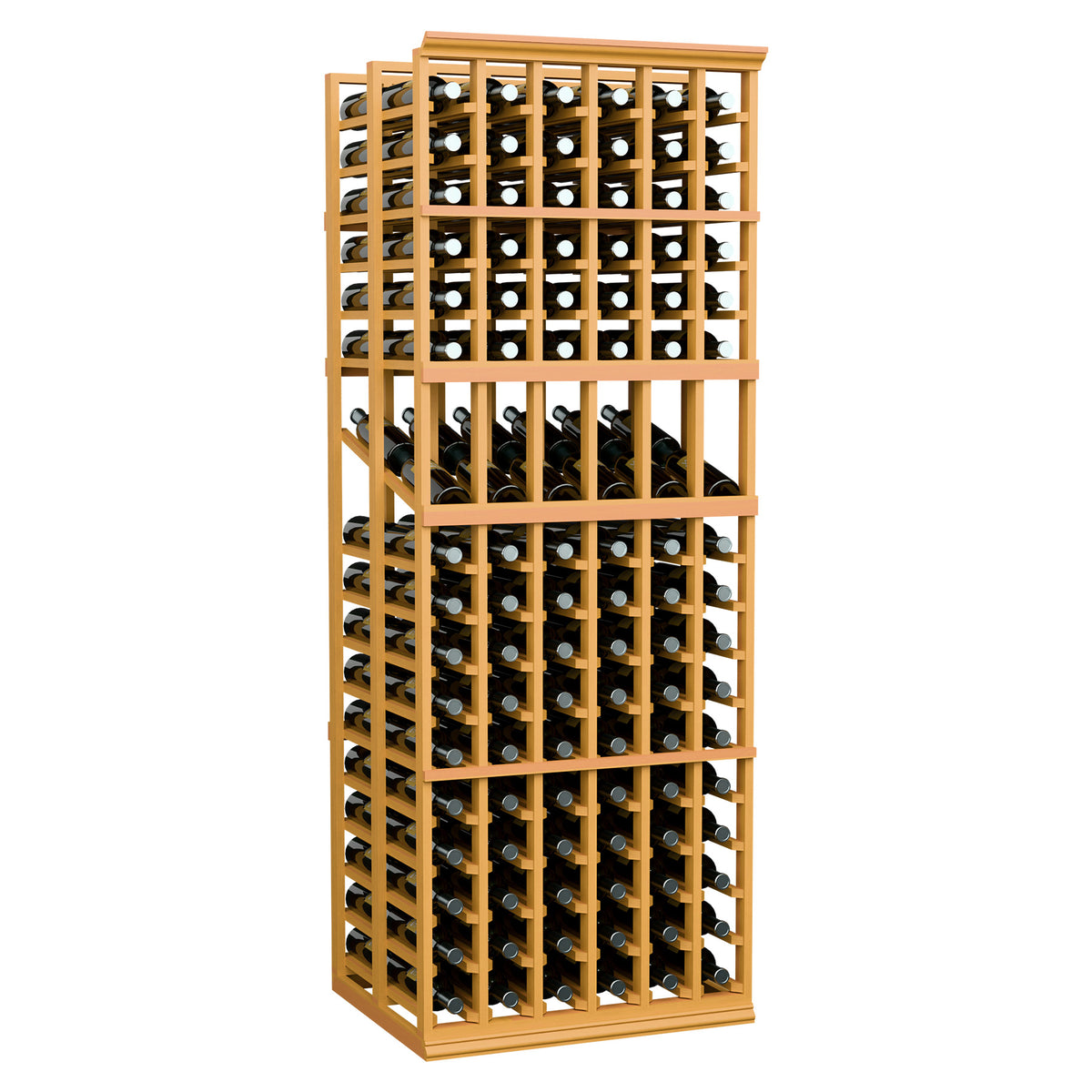 Light wood wine bottle display rack with front grid slots