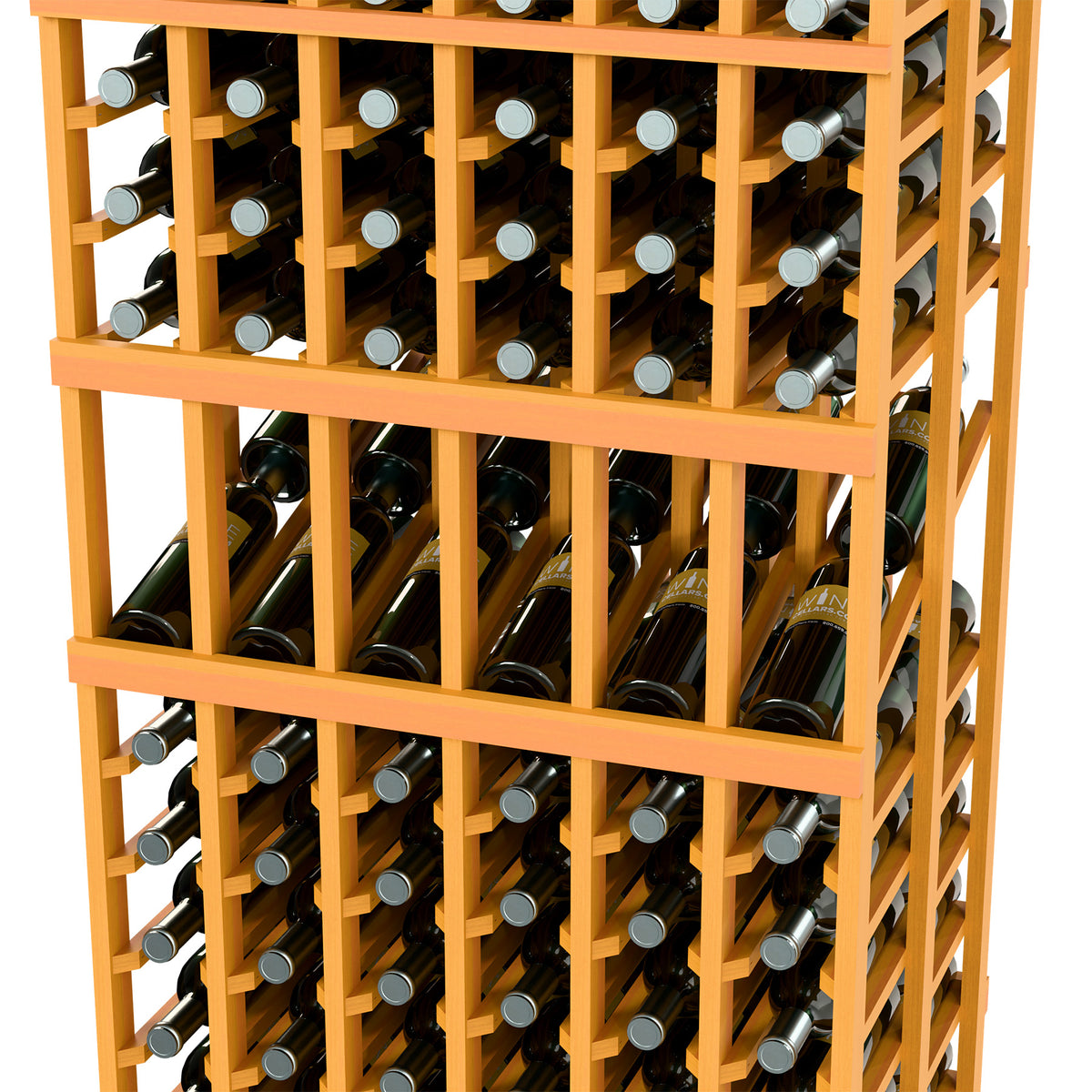 Light wood wine rack close-up with bottles seated in grid compartments