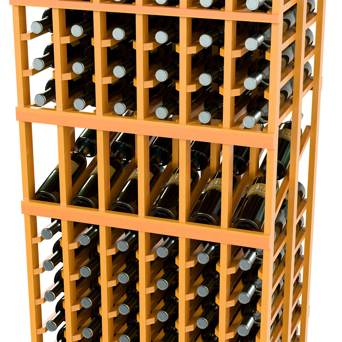 Amber wood wine rack close-up showing multiple bottle rows in frame