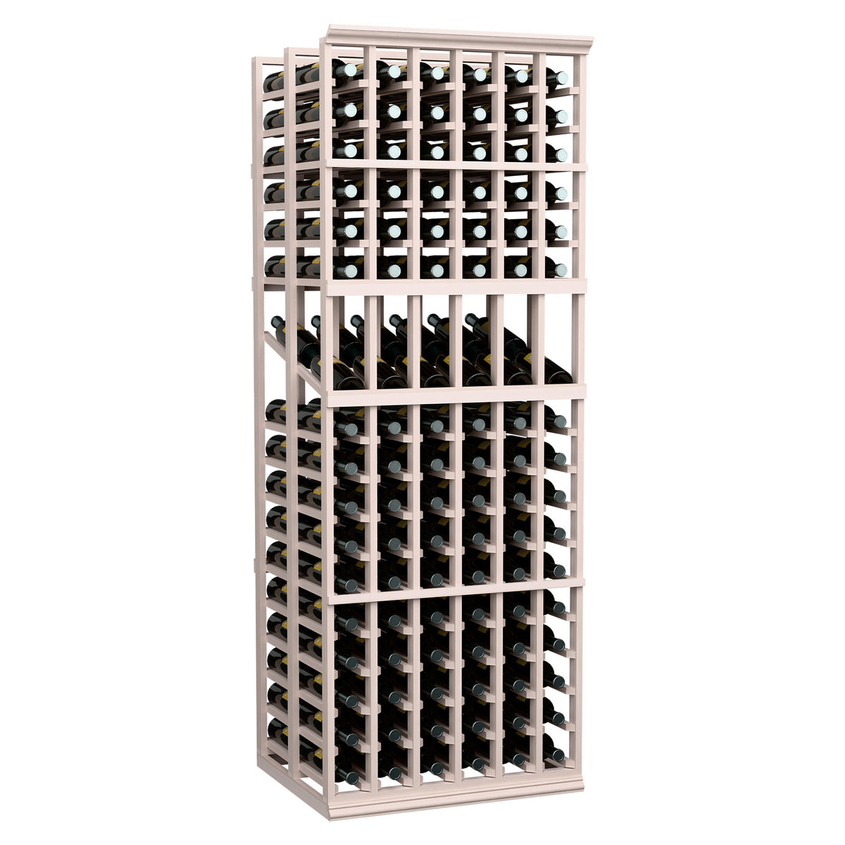 Grey wine bottle display rack with front grid slots for bottles