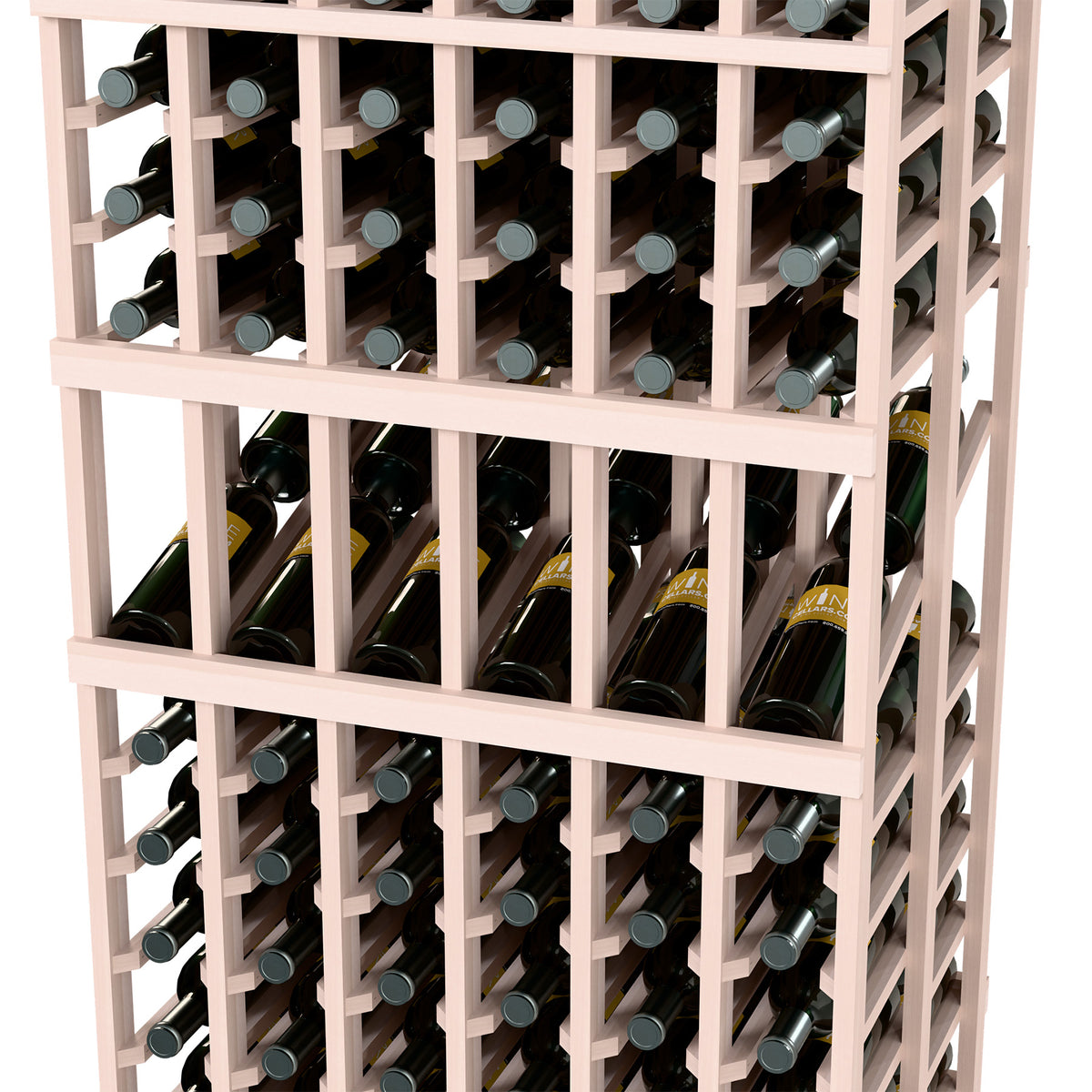 White wine bottle display rack close-up with bottles in front grid rows