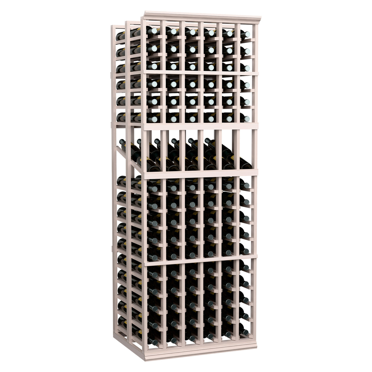 Grey wood wine bottle display rack with front grid slots