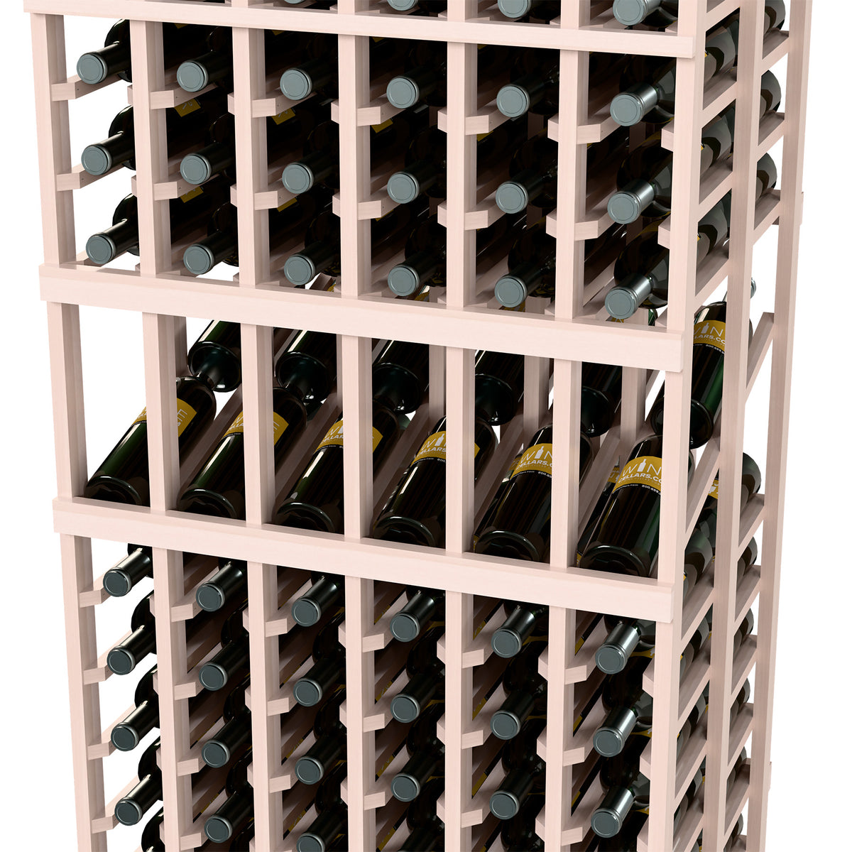 White wine rack close-up with bottle necks in grid compartments