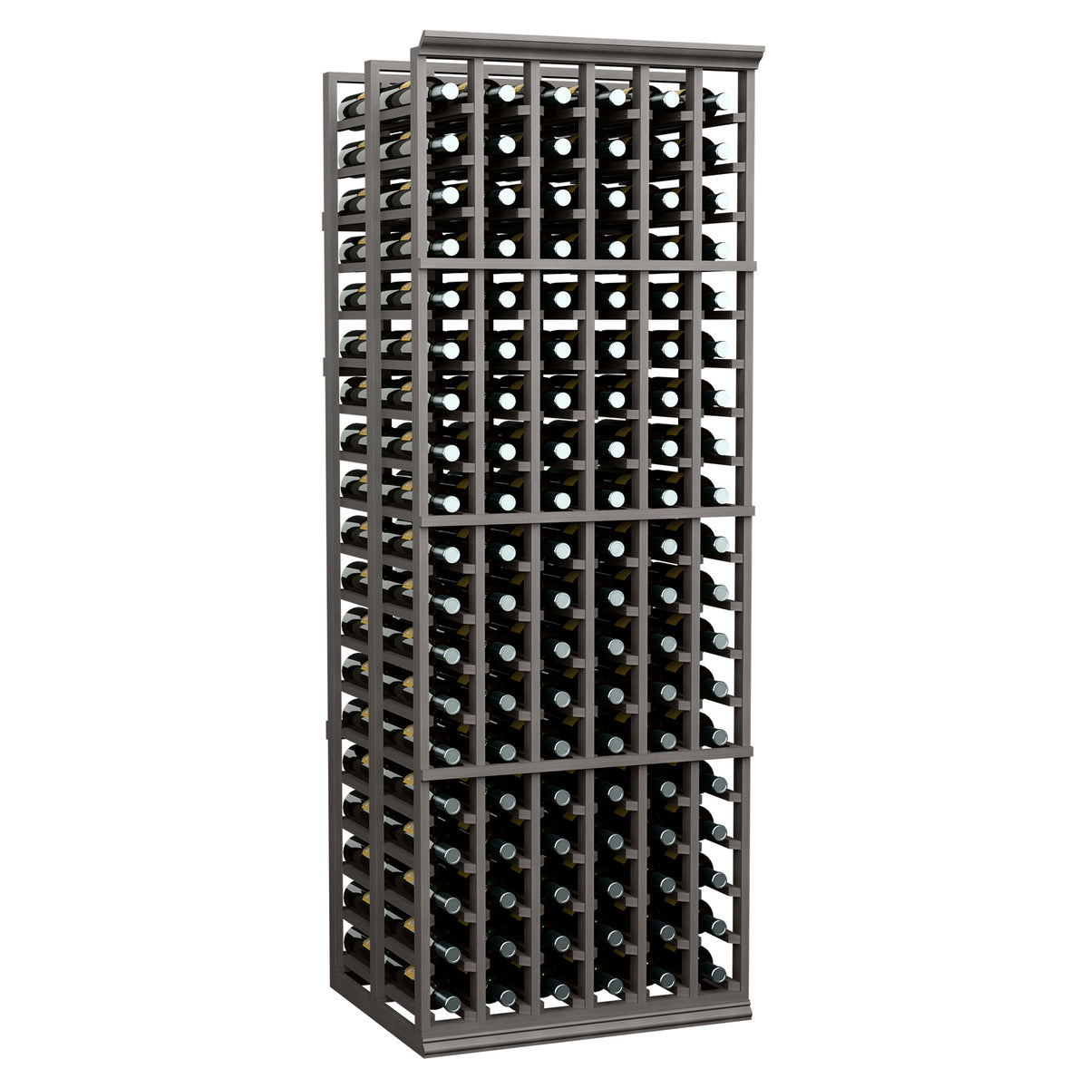 Gray wine bottle rack with bottles, double-deep 6-column standard size, front view