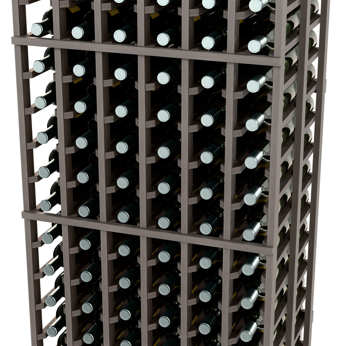 Close-up of gray wine bottle rack with rows of bottles in square grid