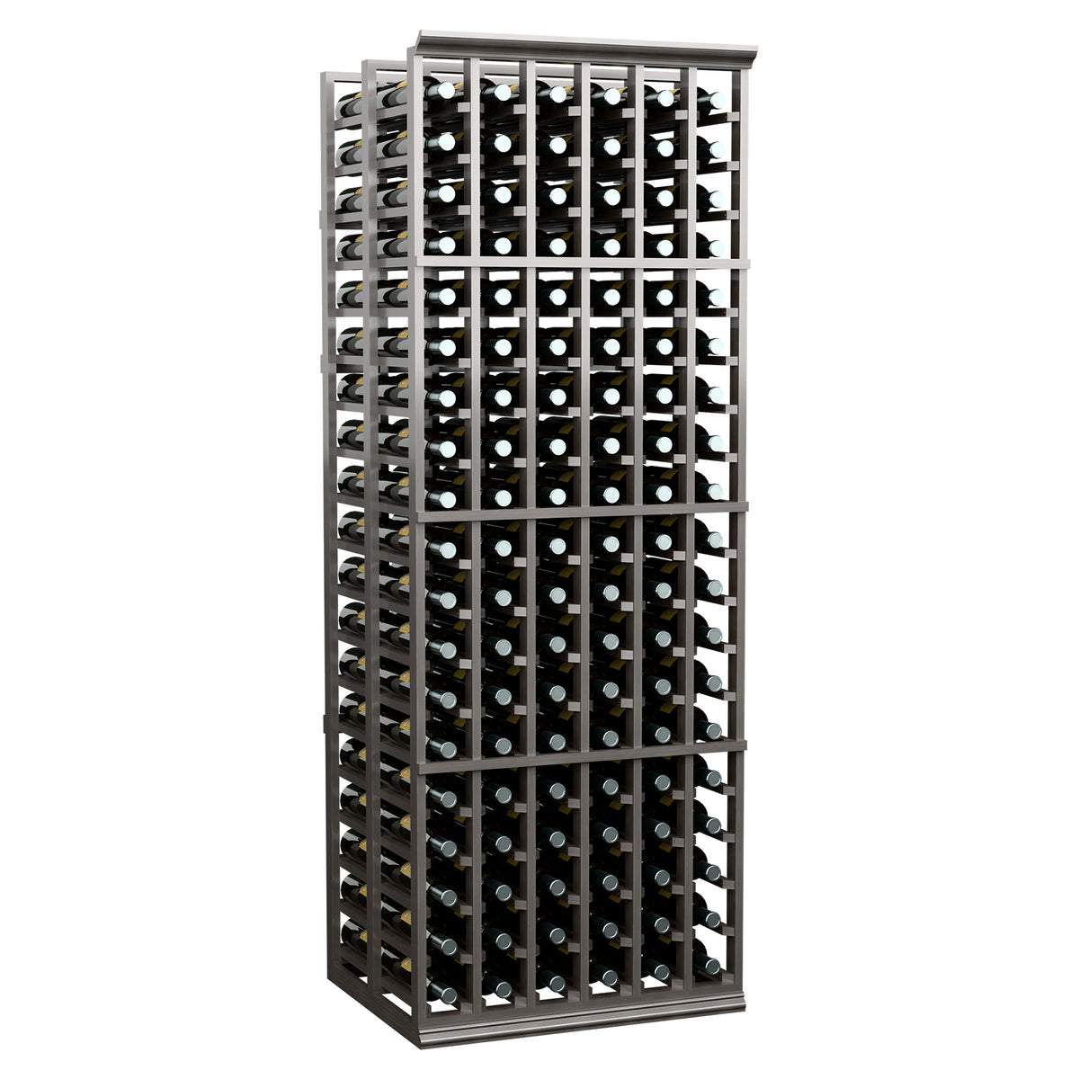 Gray wine bottle rack with bottles, double-deep 6-column standard size, full front view