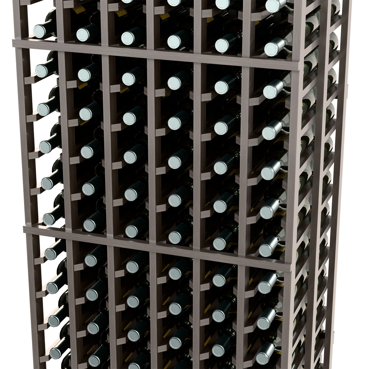 Close-up of gray wine bottle rack showing multiple bottle rows in compartments