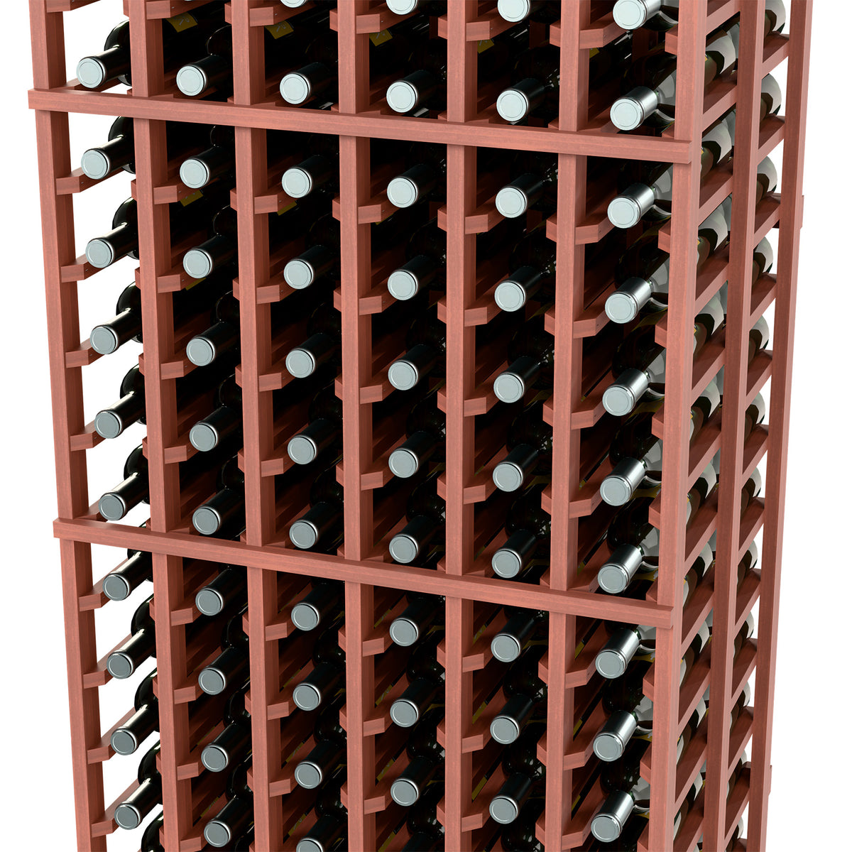 Close-up of red wine bottle rack with rows of bottles in a square frame