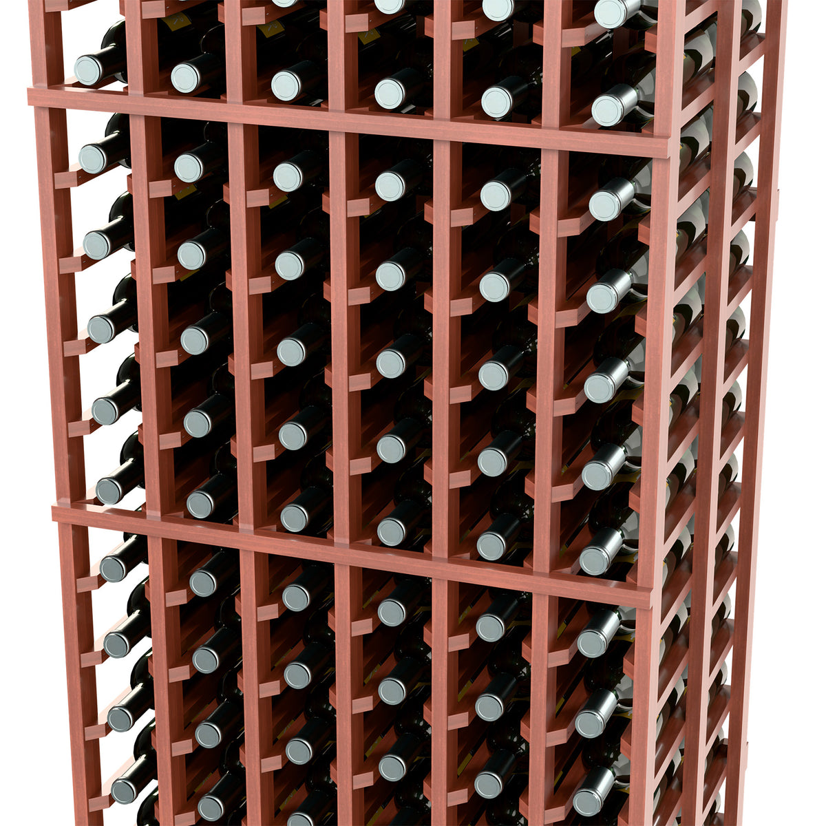 Close-up of red wine bottle rack showing bottle compartments in a grid