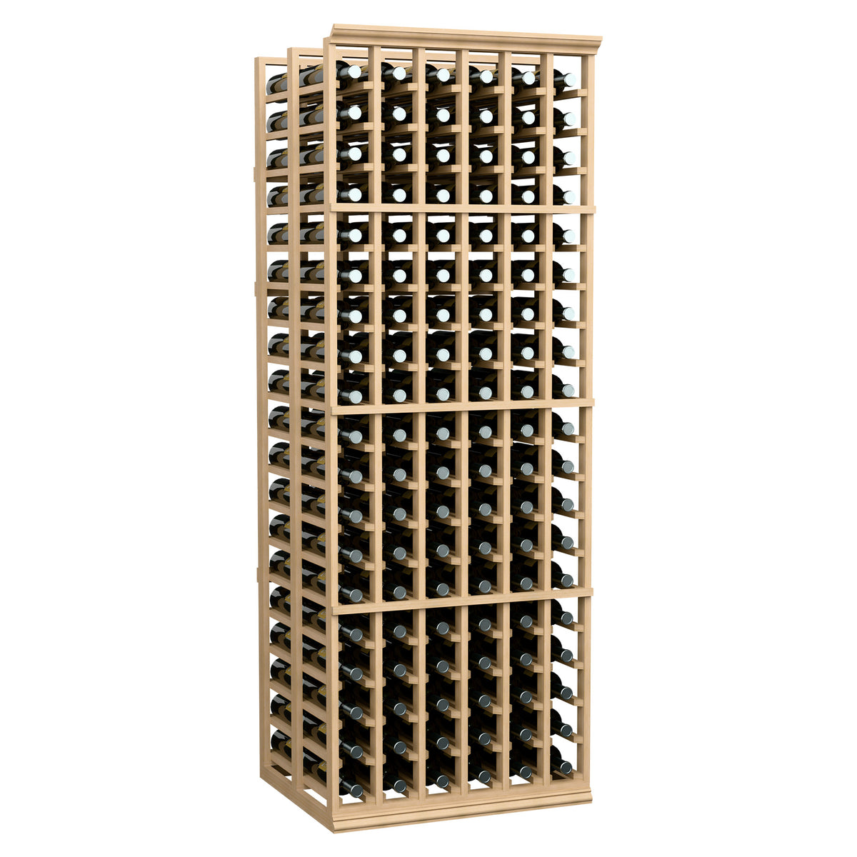 Light wood wine bottle rack with bottles, double-deep 6-column standard size, front view
