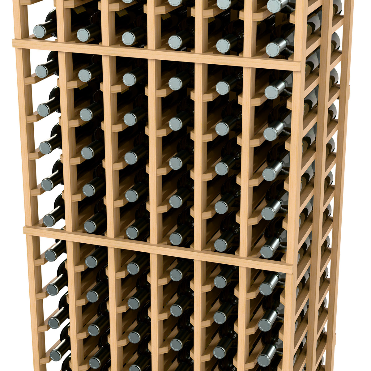 Wine rack with light wood frame holding wine bottles in grid slots, front close-up