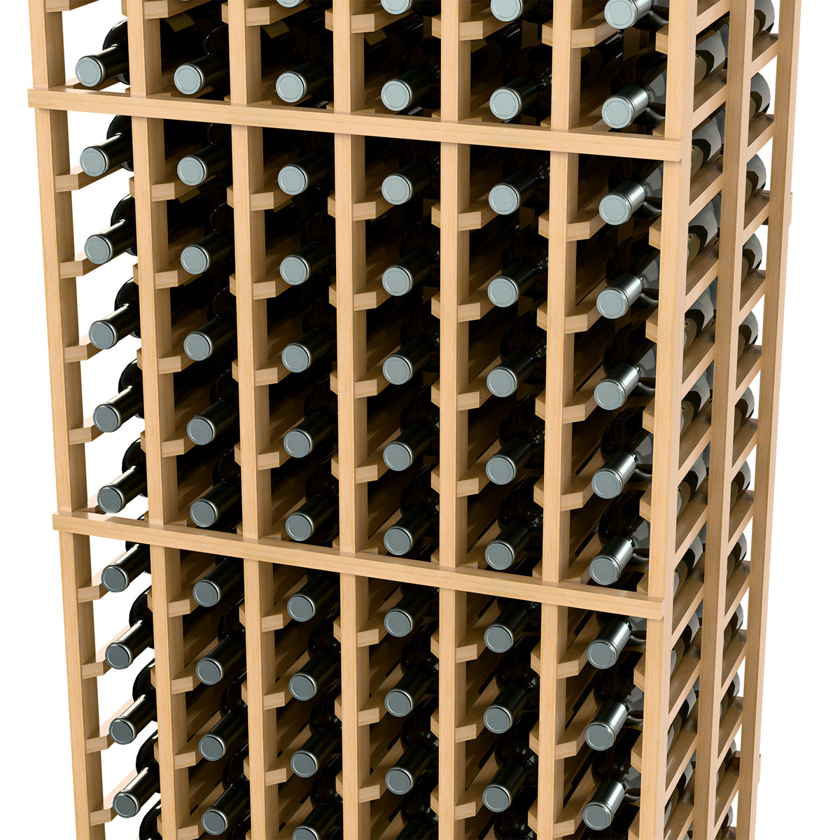 Double deep wine rack with light wood frame and wine bottle rows, front angled view
