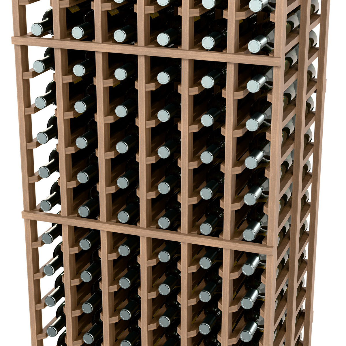 Wine rack with light wood frame holding wine bottles in multiple rows, front view