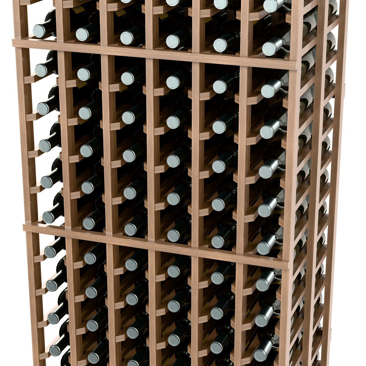 Wine rack with light wood frame and wine bottles in grid compartments, front view