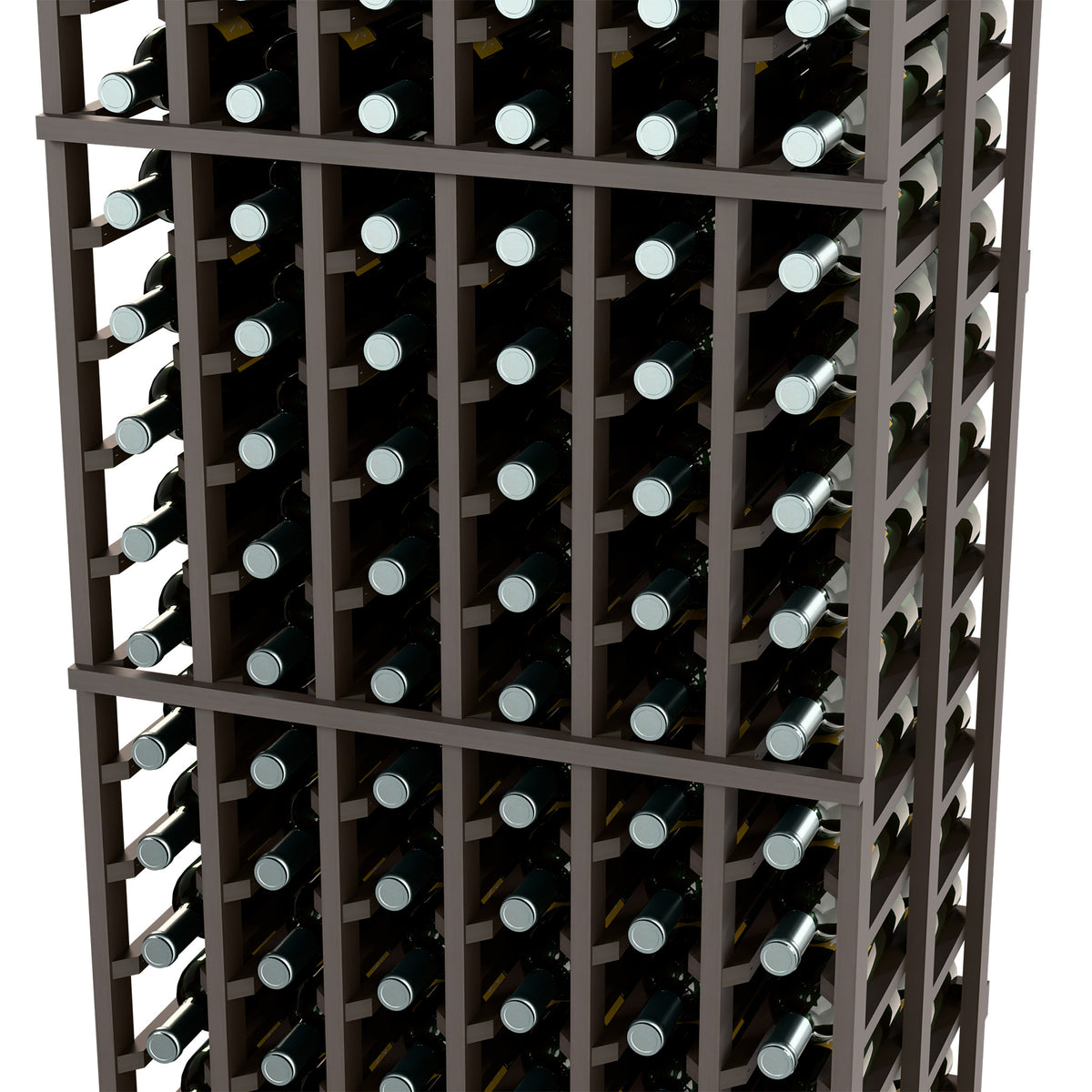Wine rack with dark gray frame holding wine bottles in multiple rows, front close-up