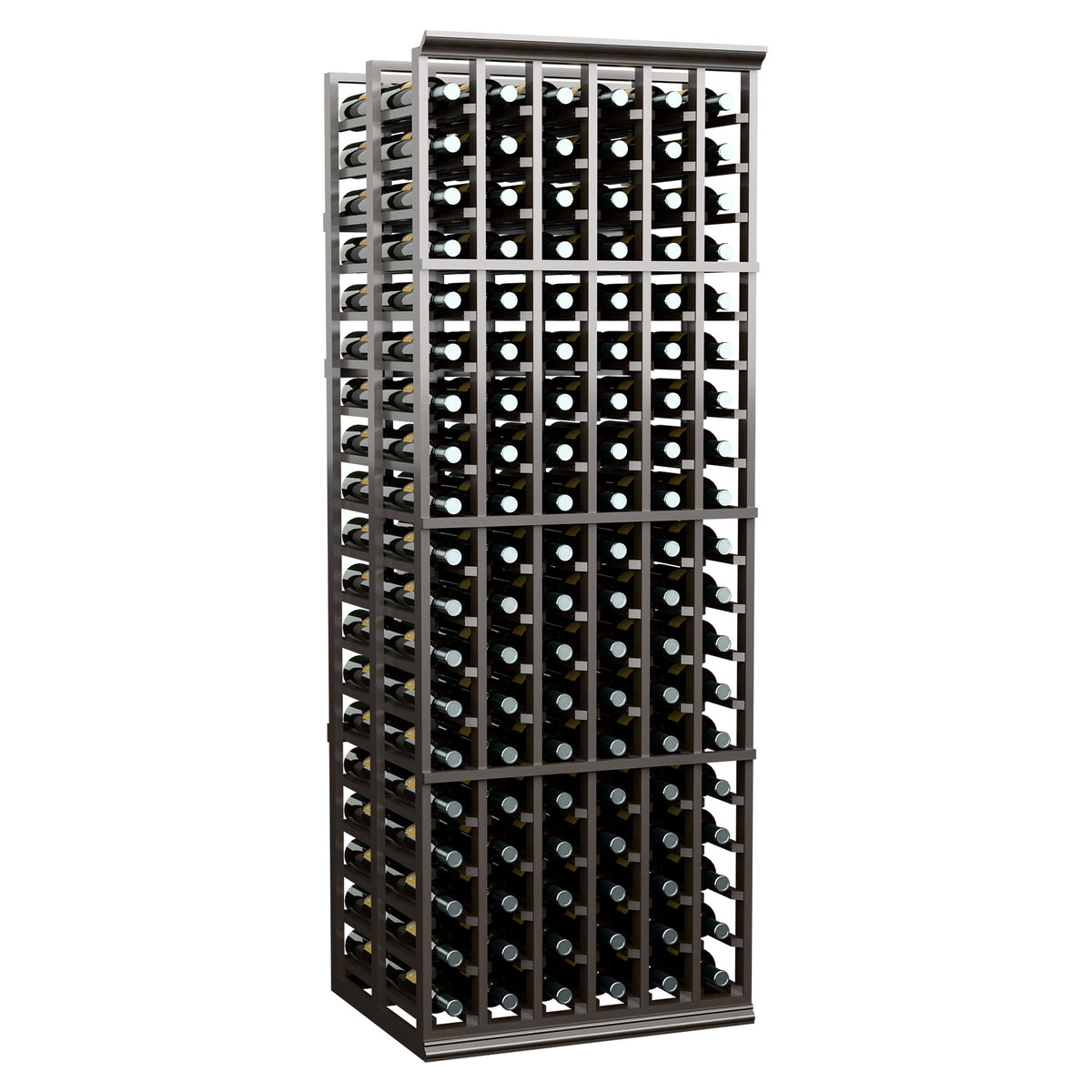 Double deep wine rack with dark gray frame holding wine bottles, tall front view
