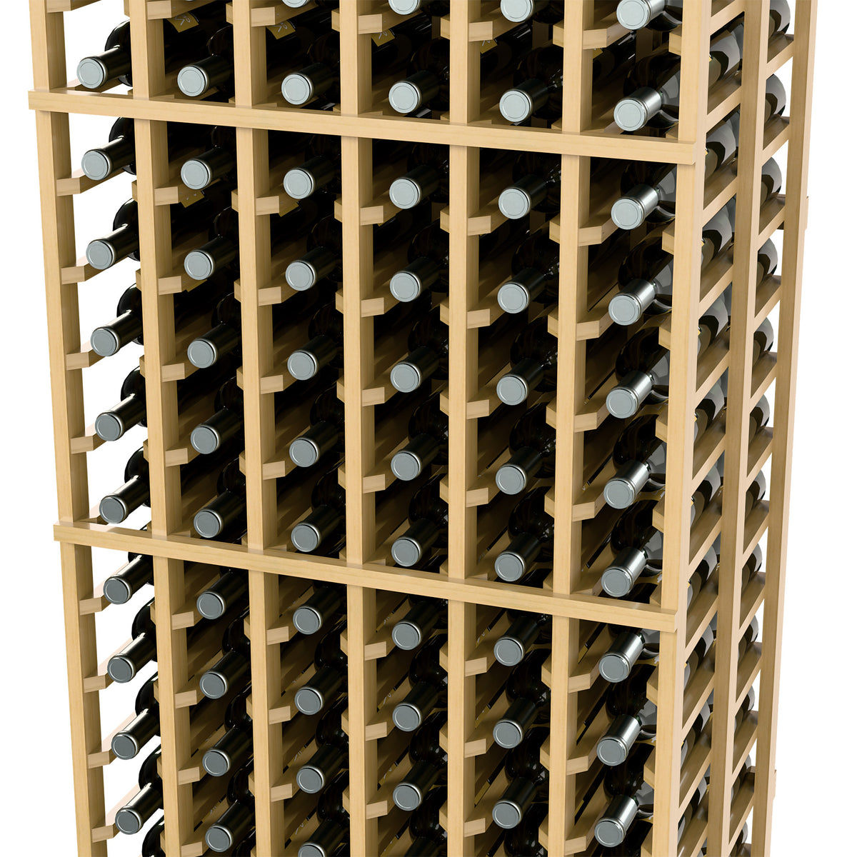 6FT double-deep wine bottle rack angled view with light wood frame and bottle slots