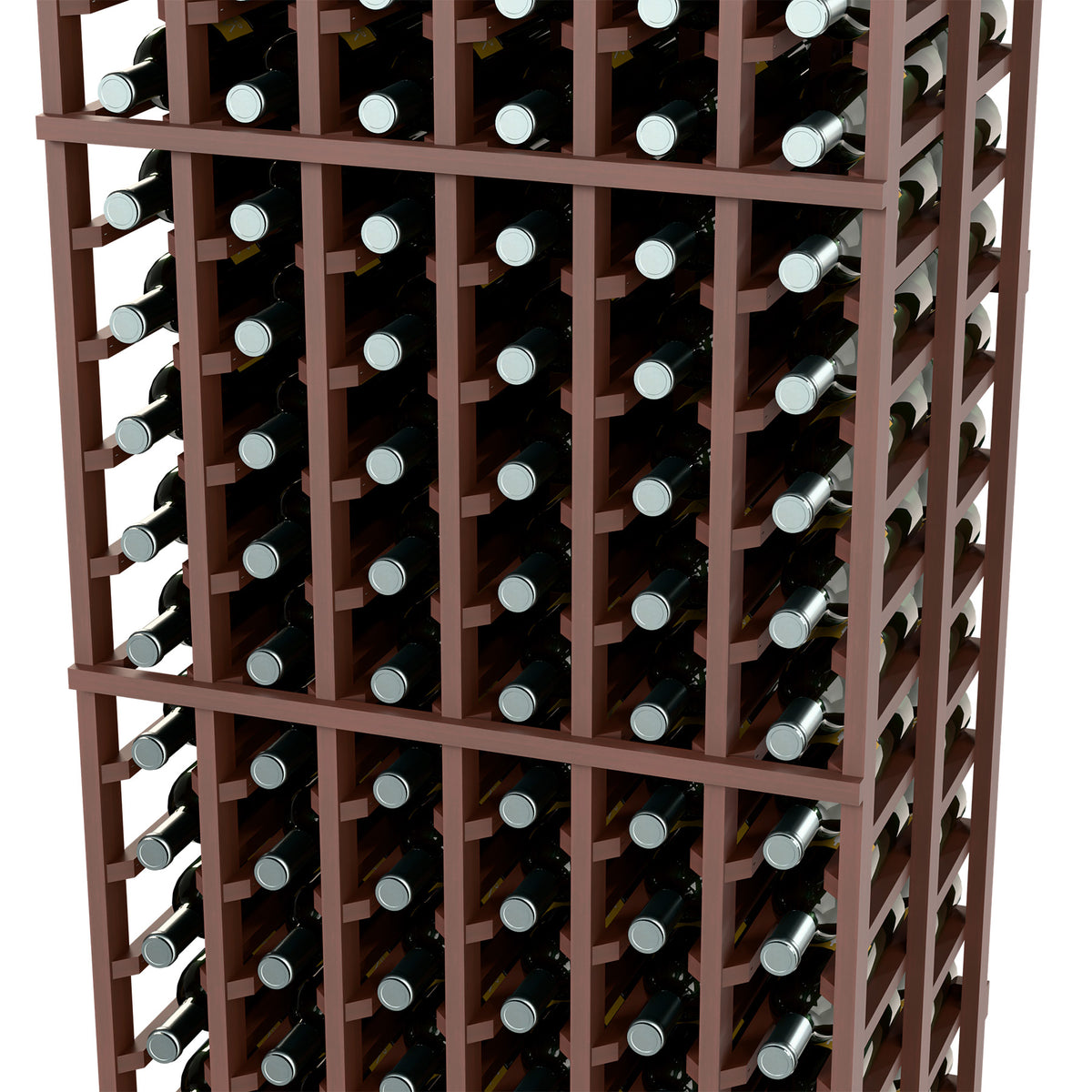 6-column double-deep wine bottle rack in dark wood with grid bottle slots