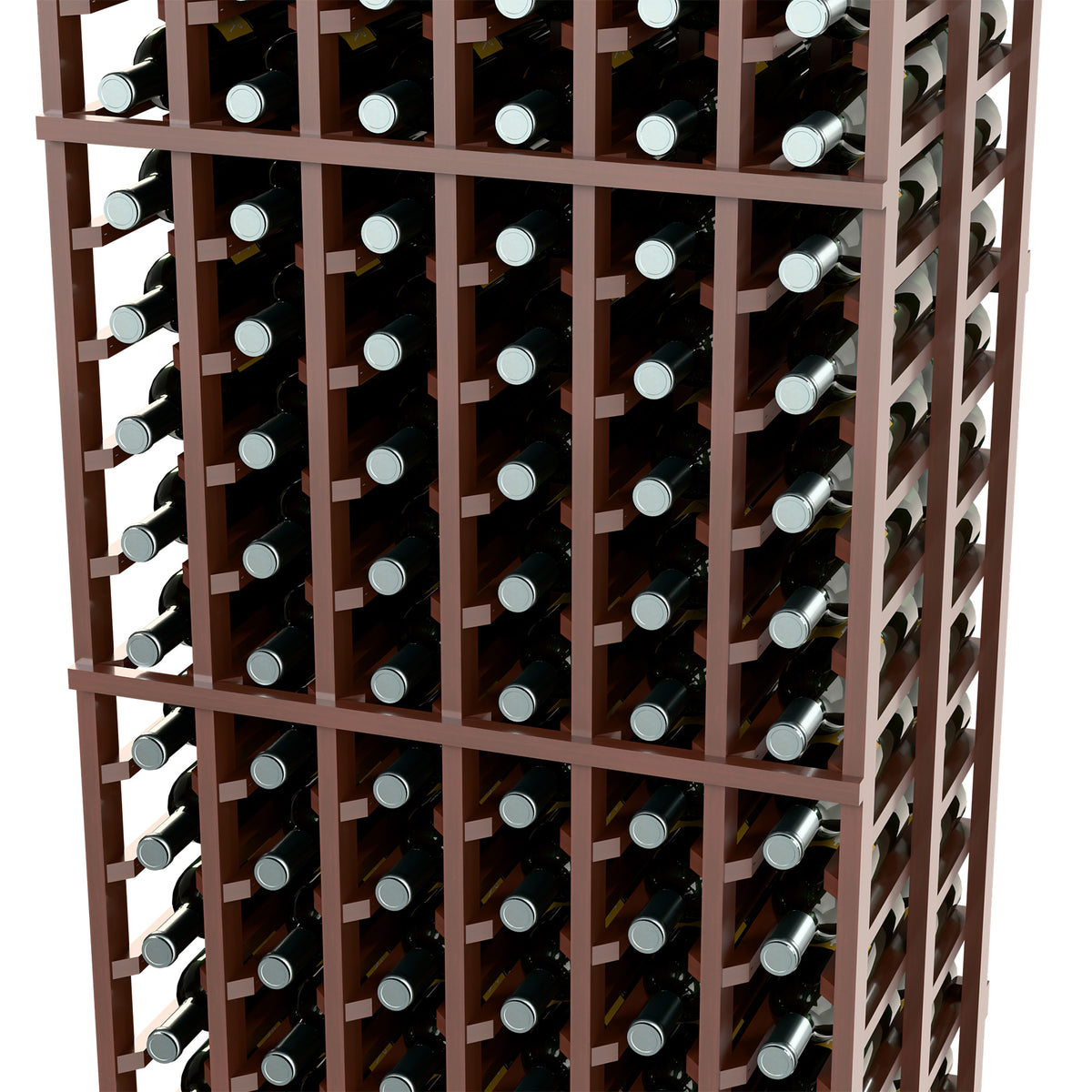Close-up of 6-column double-deep wine bottle rack in dark wood grid