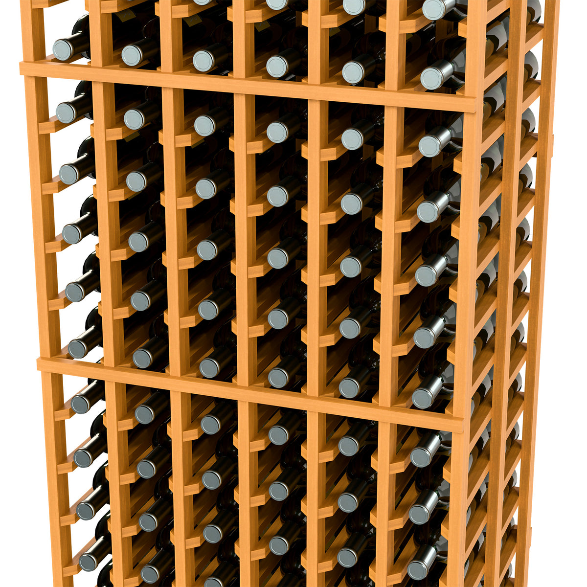 6-column double-deep wine bottle rack in light wood with front bottle slots