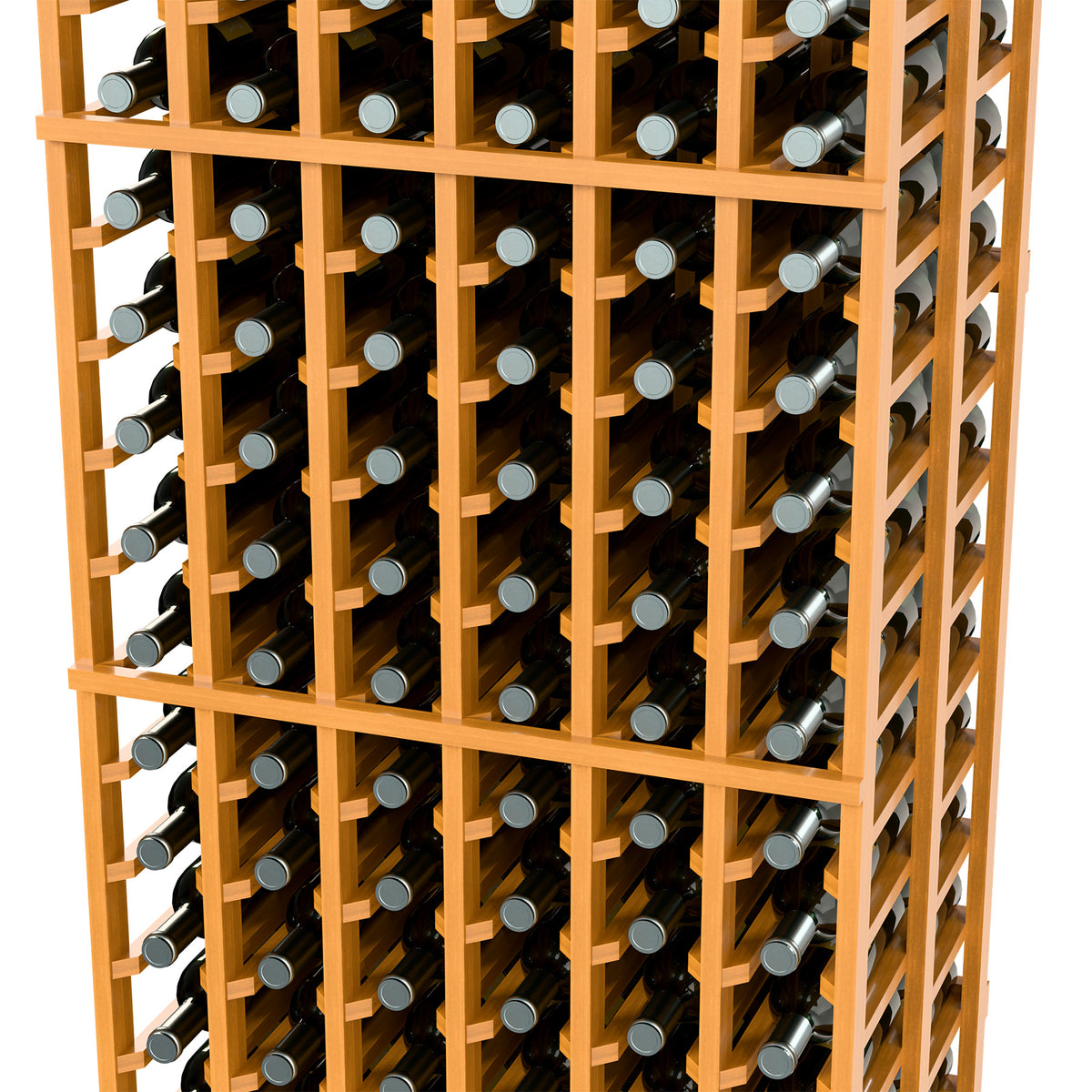 6-column double-deep wine bottle rack in light wood, angled front view