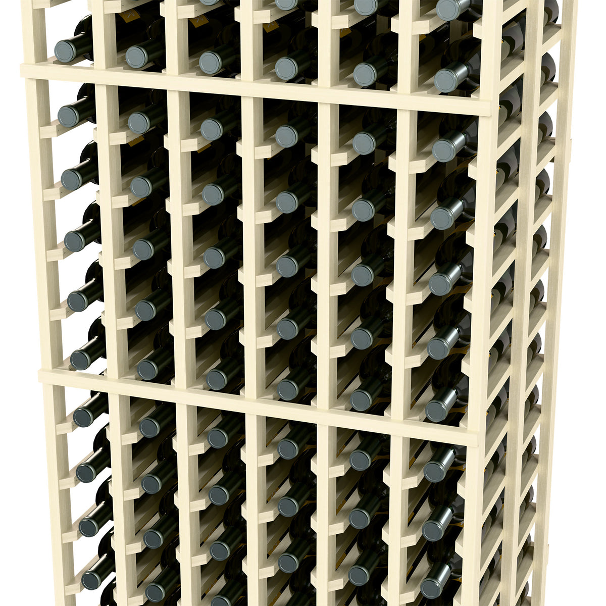 6-column double-deep wine bottle rack in white with front grid and bottles