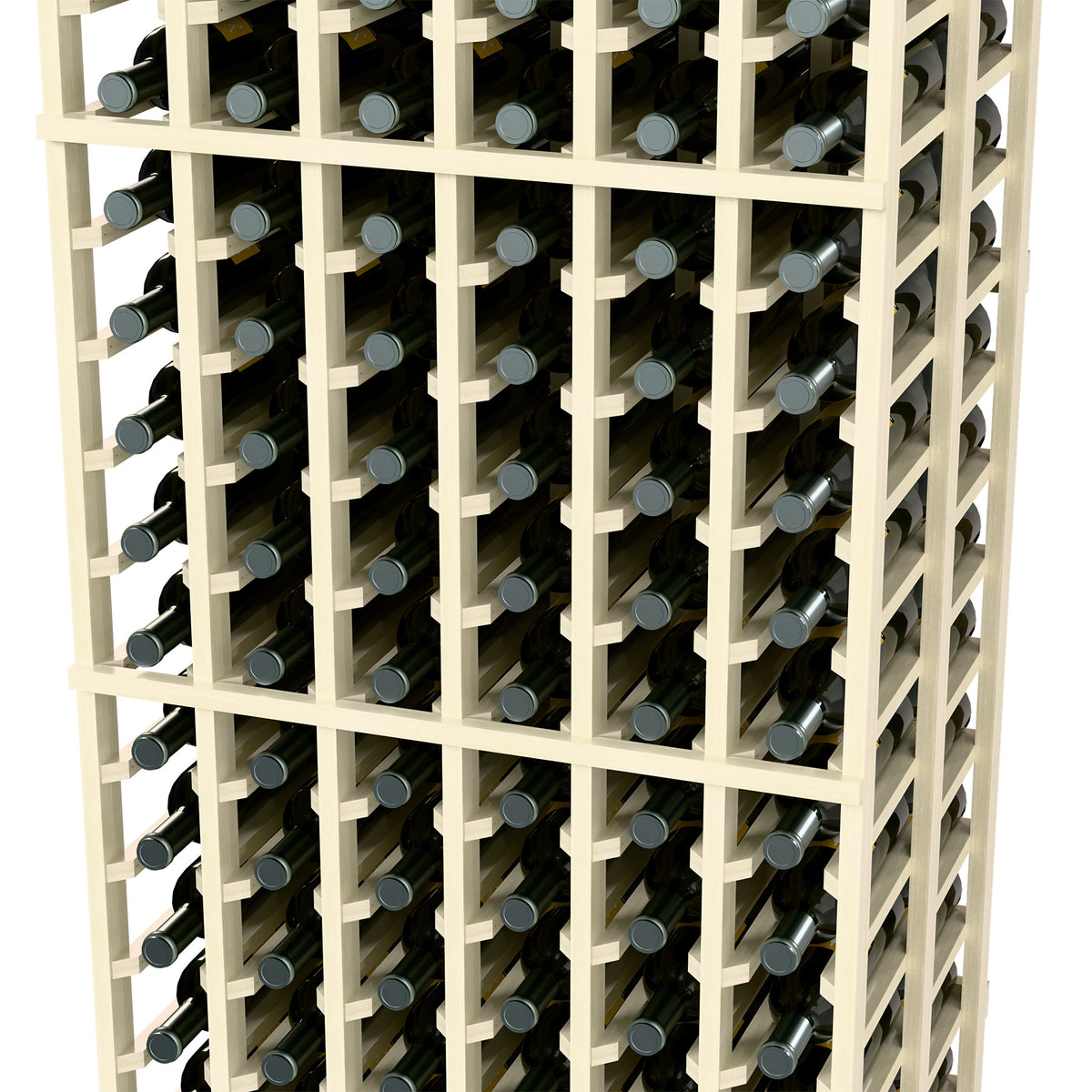 Light wood 6-column wine bottle rack with open grid shelves