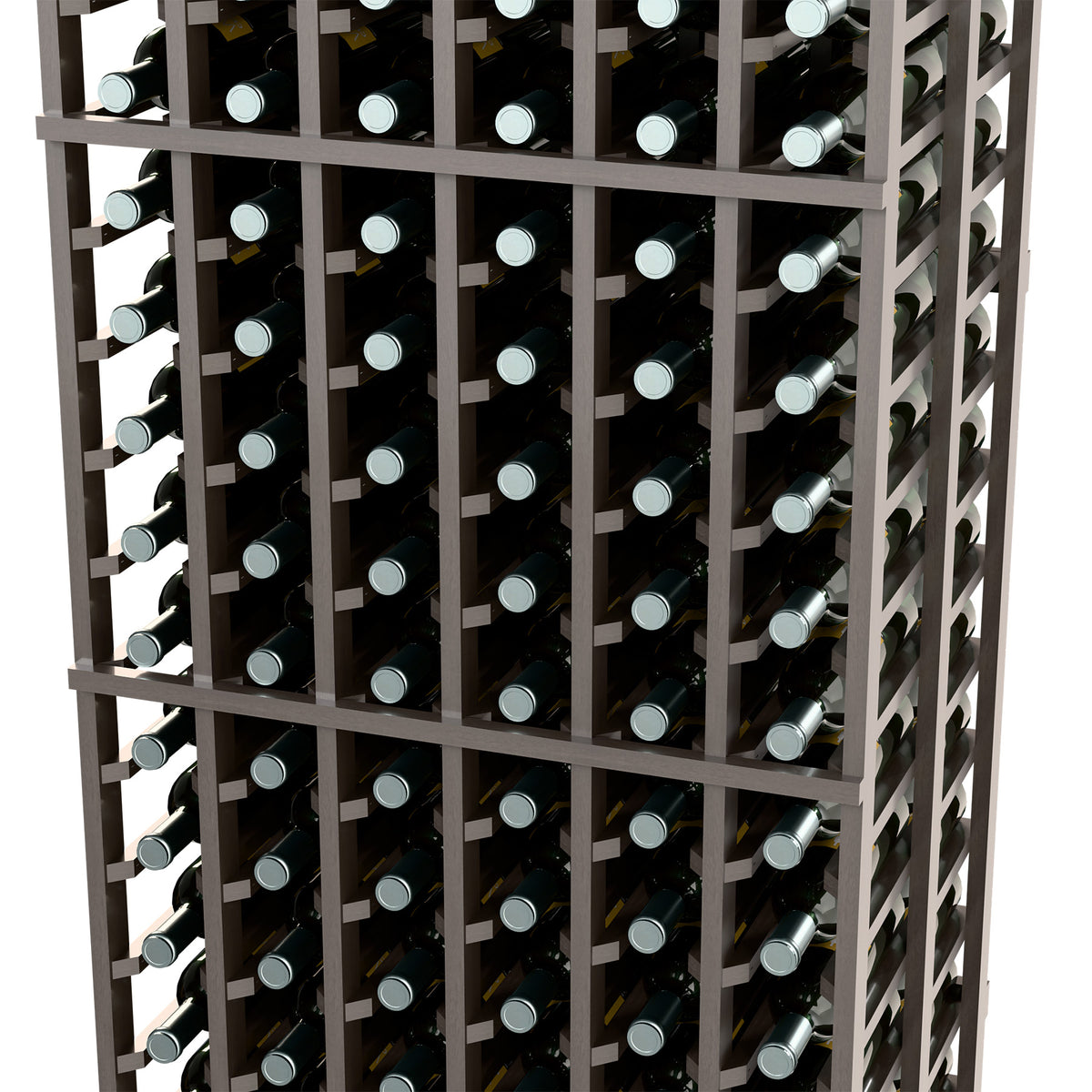 Dark gray wine bottle rack with open frame and bottle rows