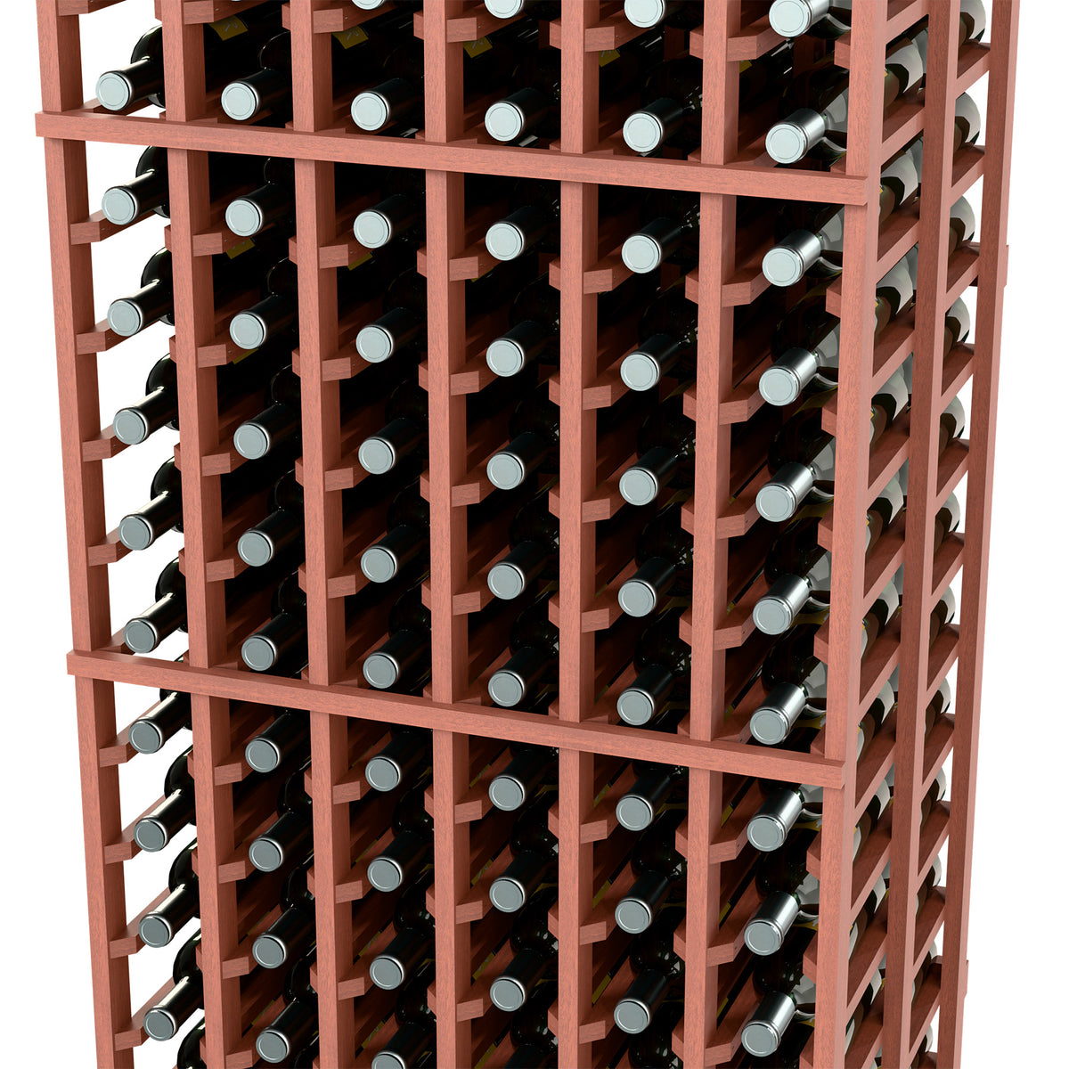 Red-brown wine bottle rack grid holding multiple bottles