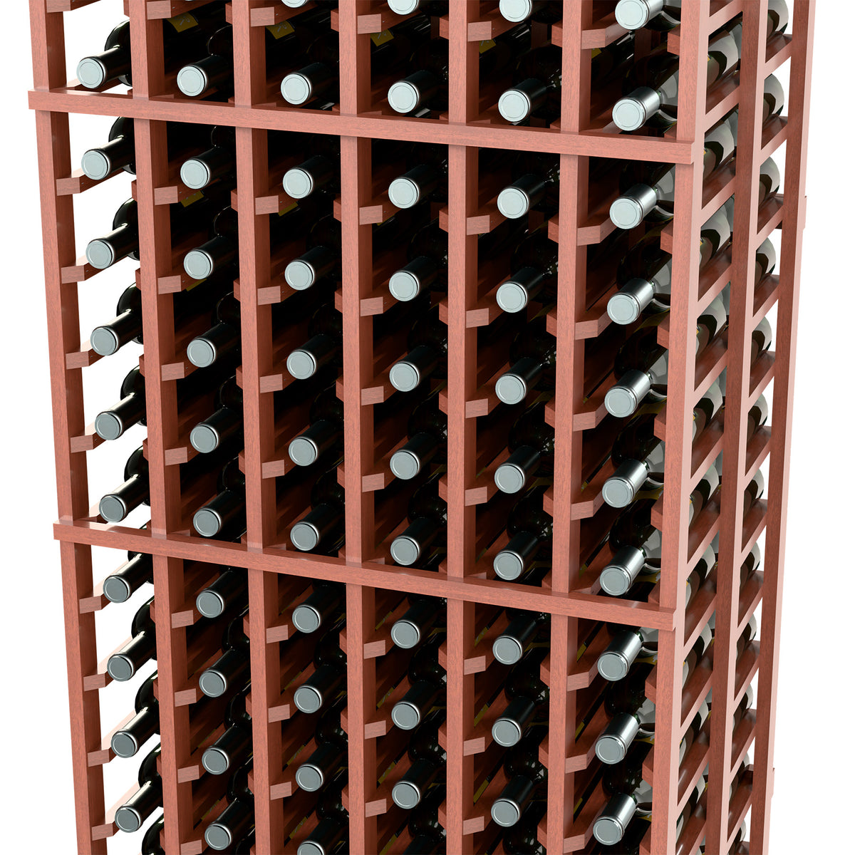 Red-brown wine bottle rack with open frame and bottle rows