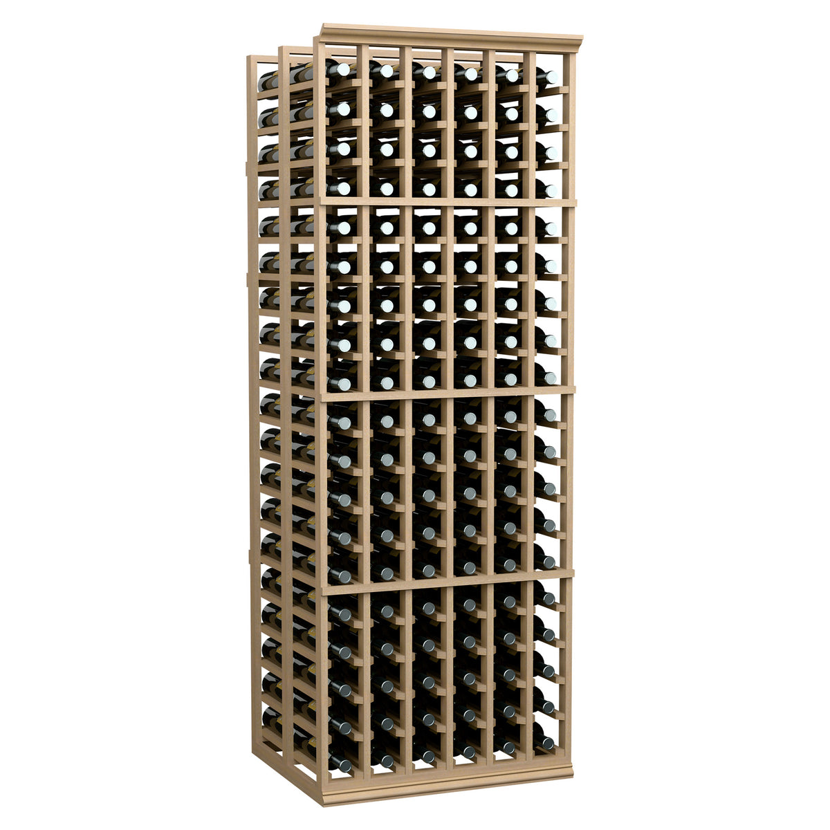 Light wood 6-column wine bottle storage rack with open grid shelves