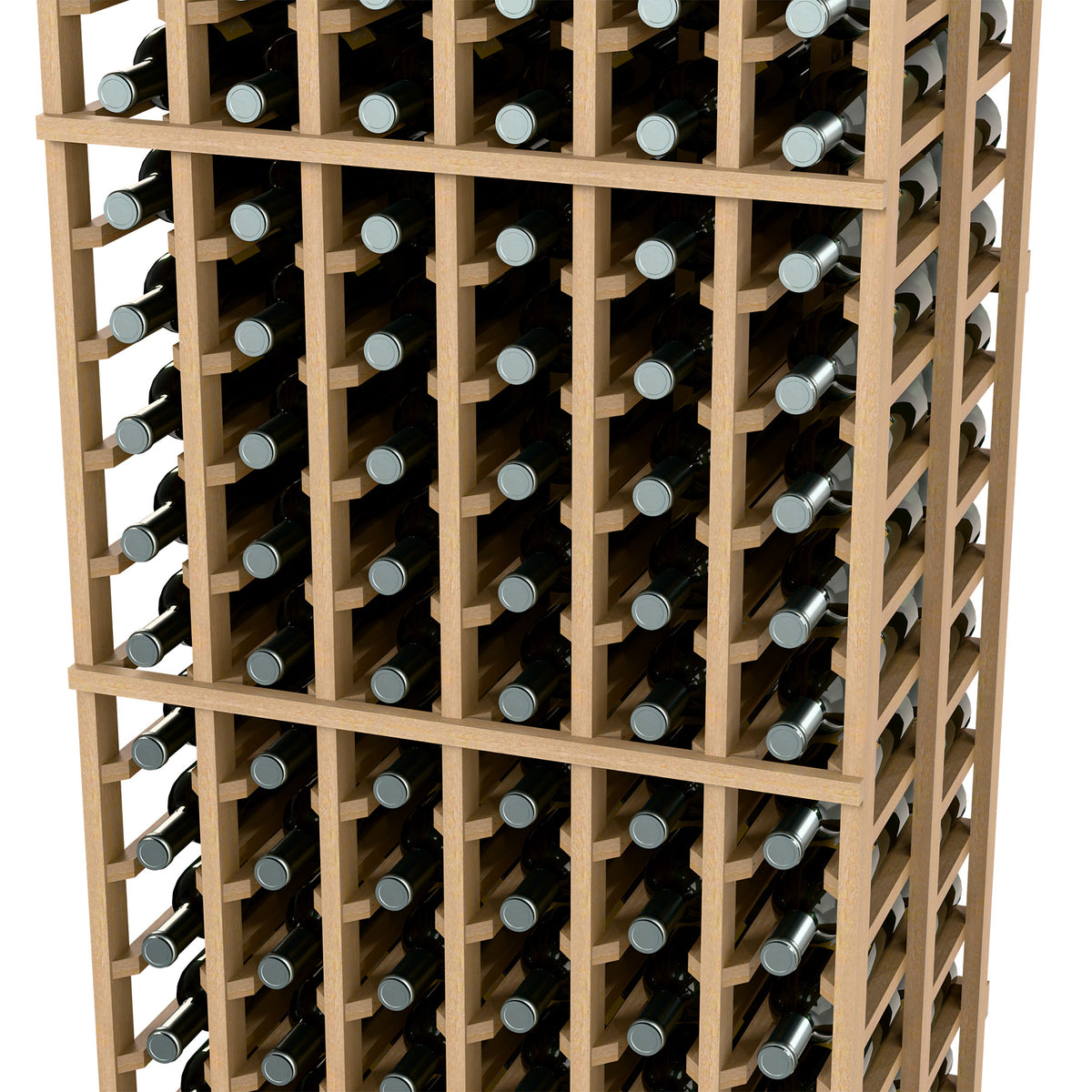 6-column double-deep wine rack with light wood frame and front bottle rows