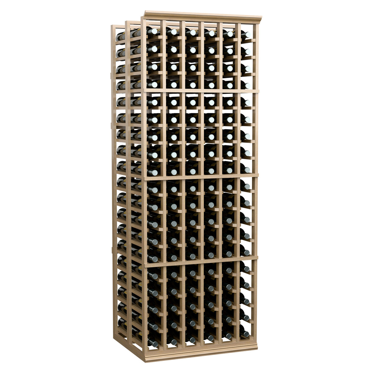 6-column double-deep wine rack with light wood frame, full standing view