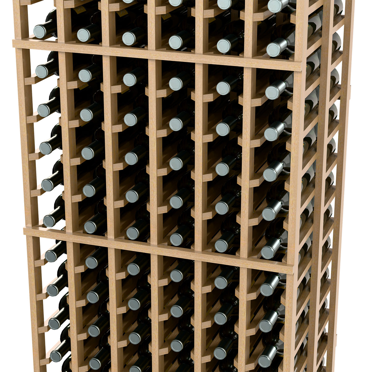6-column double-deep wine rack with light wood frame and stacked bottle compartments