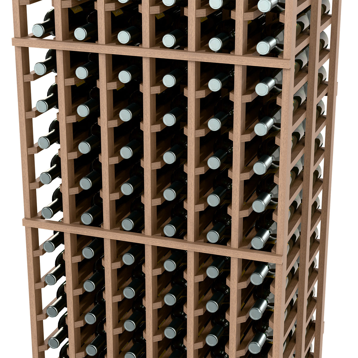 6-column double-deep wine rack with light wood frame and dense bottle storage