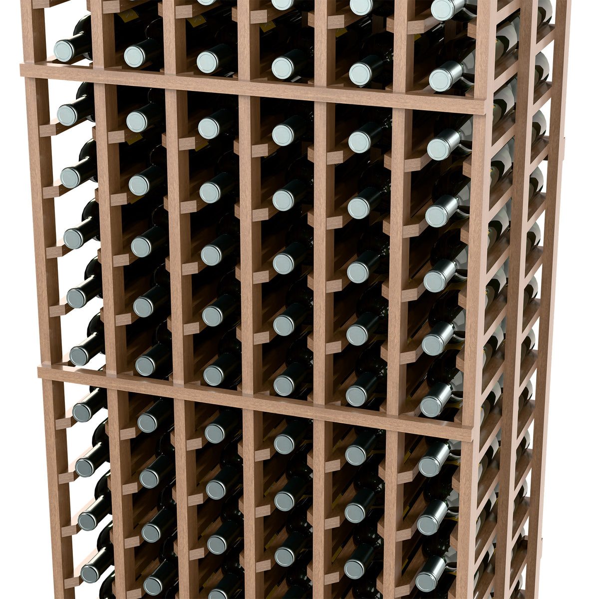 6-column double-deep wine rack with light wood frame and right-side bottle openings