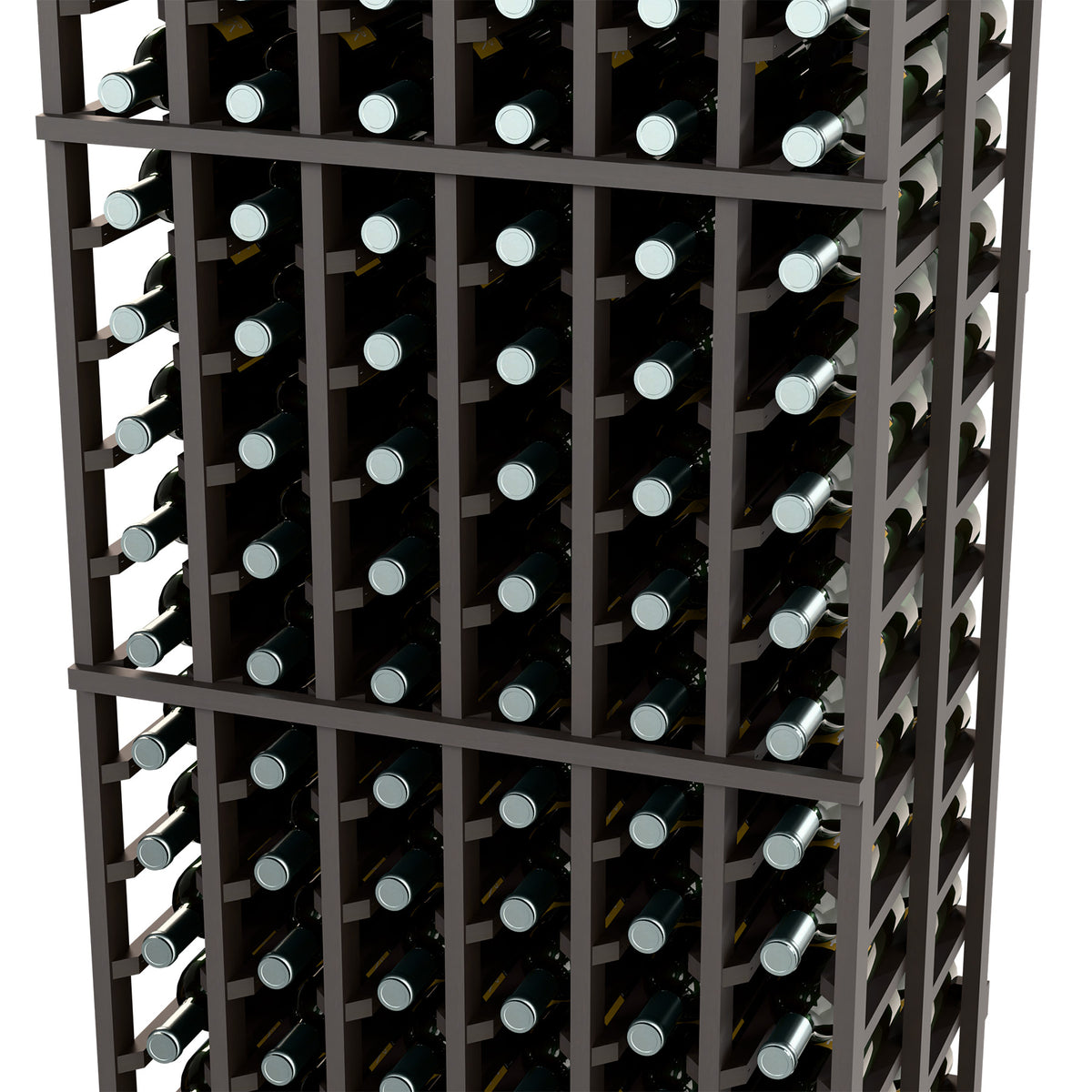 6-column double-deep wine rack with dark gray frame and front bottle compartments
