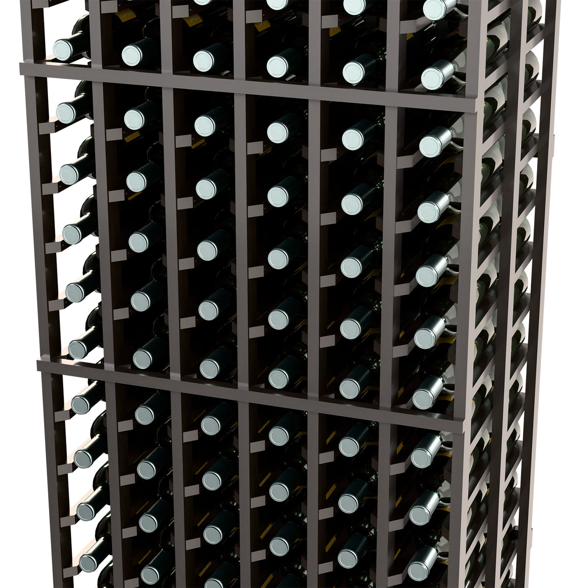 Dark wood wine rack with grid shelves holding multiple rows of wine bottles, front view